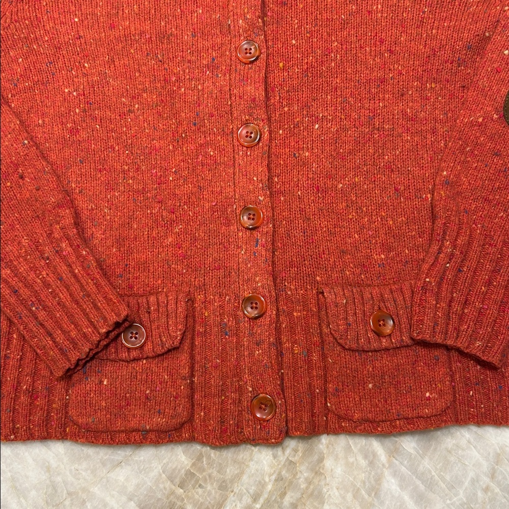 Eddie Bauer Red/Orange Tweed Cardigan Wool/Cashmere with Leather Accents | Sz L - Picture 3 of 8